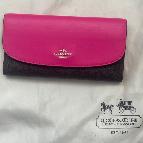 Coach: Hot Pink and Brown Monogram Signature Leather Wallet. Like new. - Picture 1 of 6